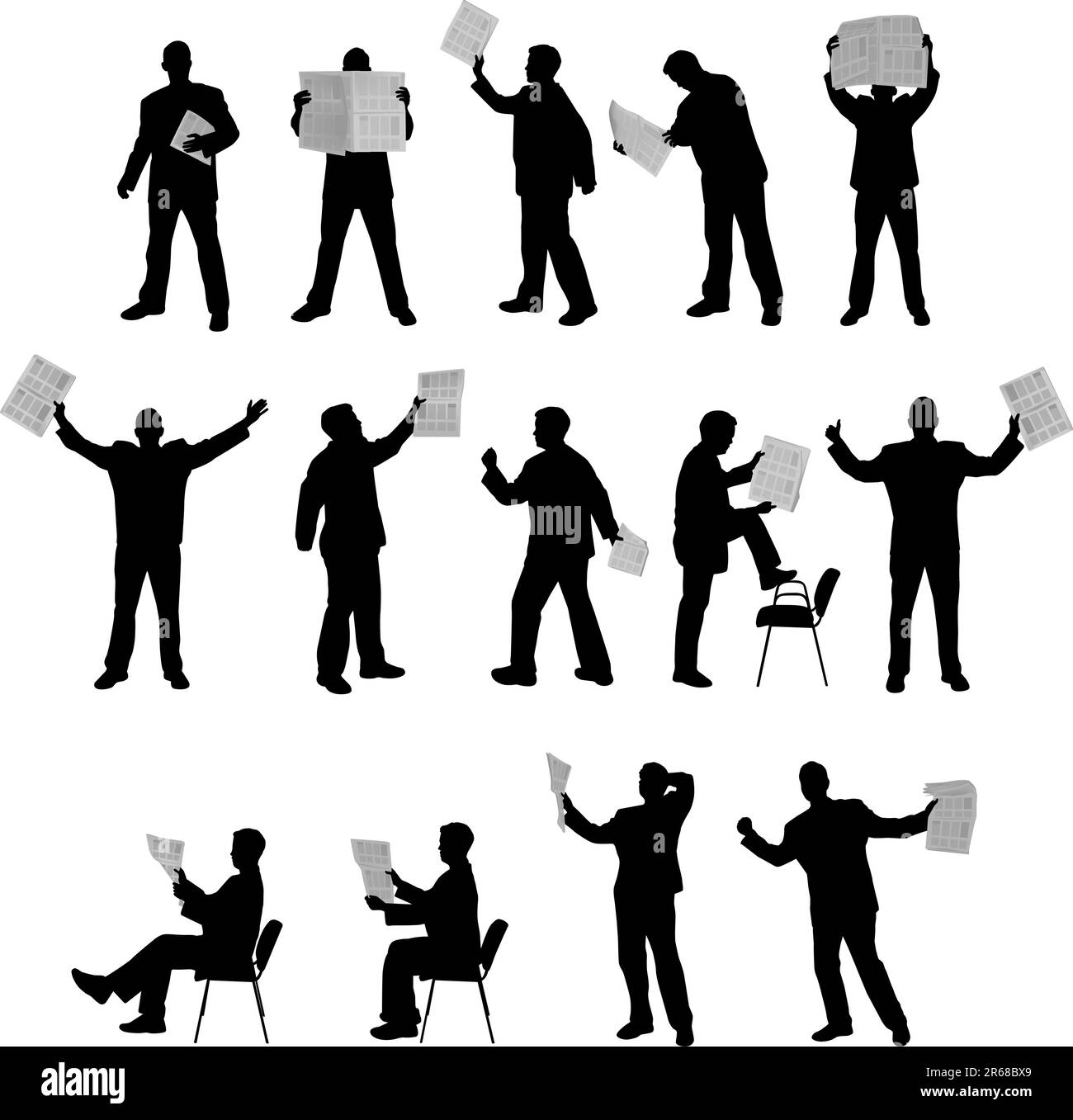 Homme lisant des silhouettes de journaux Illustration de Vecteur