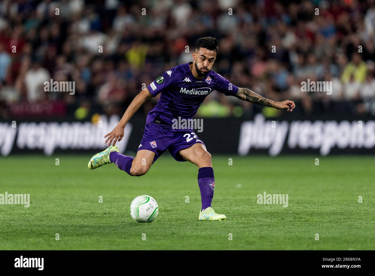 Prague, République tchèque. 07th juin 2023. Nicolas Gonzalez (22) de Fiorentina vu lors de la finale de l'UEFA Europa Conference League entre Fiorentina et West Ham Unis à Eden Arena à Prague. Credit: Gonzales photo/Alamy Live News Banque D'Images