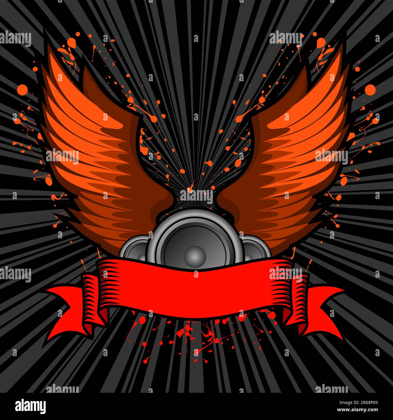 illustration vectorielle des haut-parleurs et des ailes derrière une bannière de texte grunge Illustration de Vecteur