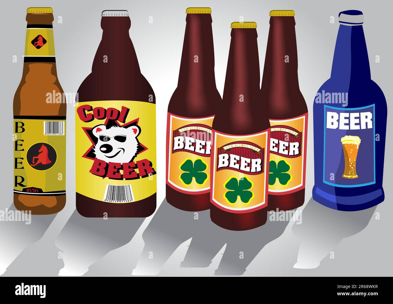 Illustration vectorielle de différents types de bouteilles de bière. Les étiquettes sur les bouteilles est mon travail original et il n'y a pas de compagnie existante avec ces derniers Illustration de Vecteur