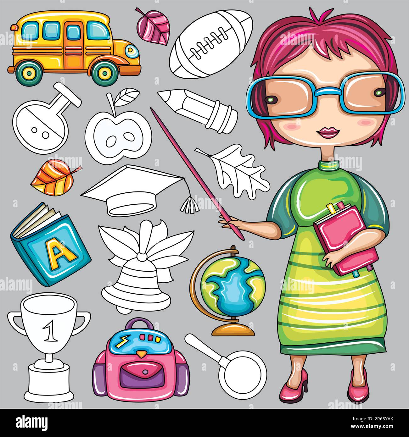 Adorable dessin animé enseignant et icônes de l'école Illustration de Vecteur