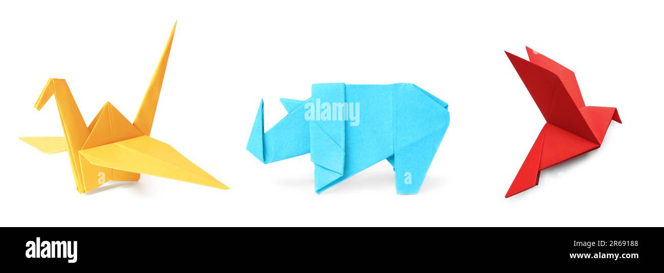 Collage avec de nombreux animaux en papier différents sur fond blanc. Art origami Banque D'Images