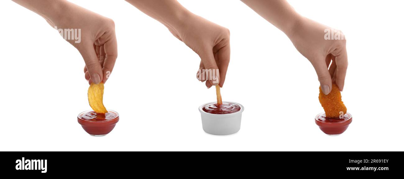 Les femmes en buvant différents en-cas dans le ketchup sur fond blanc, gros plan. Conception de collage Banque D'Images