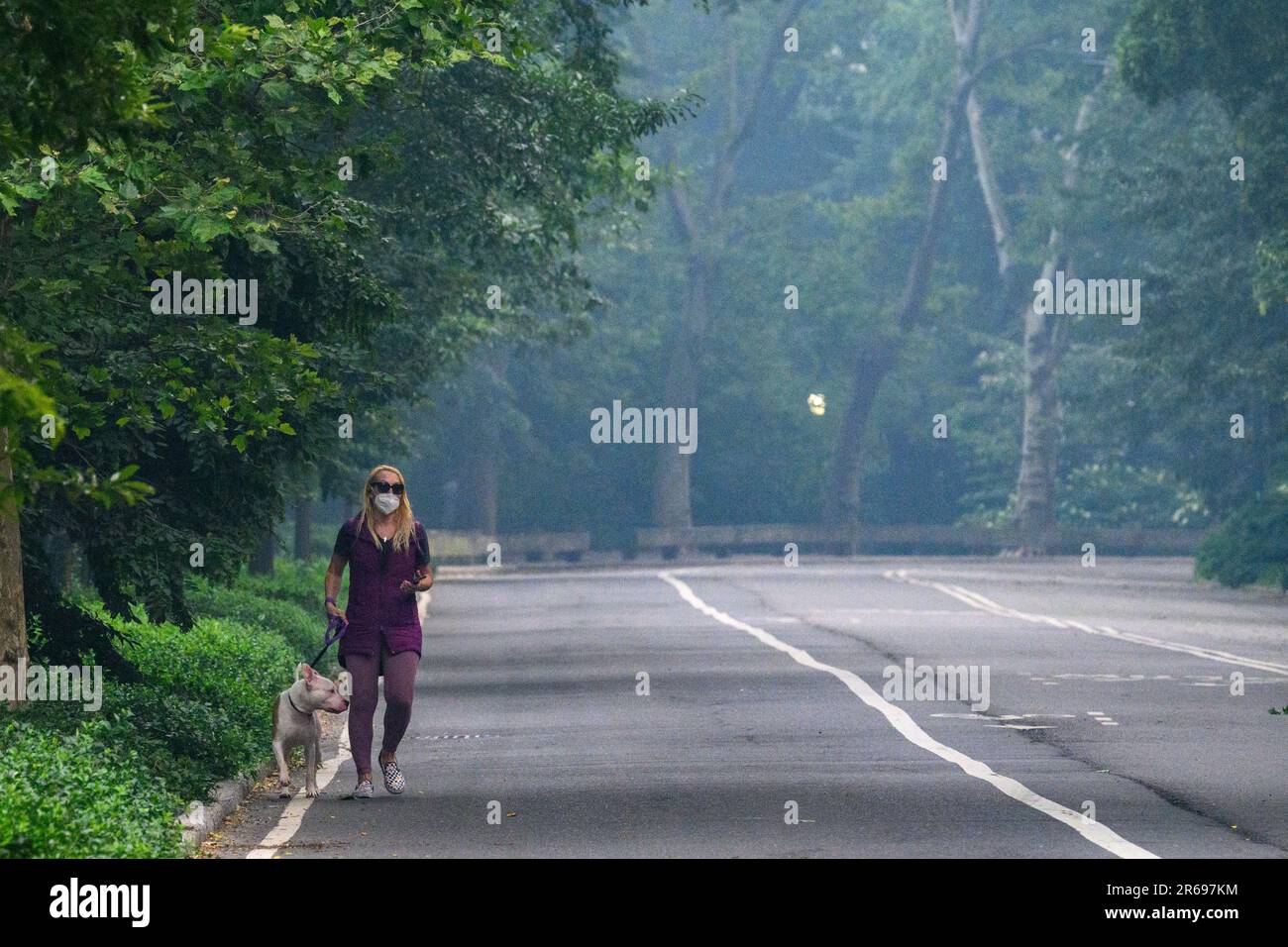 New York, États-Unis. 7th juin 2023. Une femme porte un masque facial lorsqu'elle roule avec son chien dans une rue vide du Central Park de New York, un endroit qui serait normalement plein de gens, mais le brouillard dense causé par la fumée des feux de forêt canadiens a incité le gouvernement à demander aux gens de rester à l'intérieur. La qualité de l'air dans la ville de New York est à son pire niveau jamais enregistré, ce qui a provoqué une crise d'urgence qui a inclus la fermeture d'écoles et l'annulation de la plupart des activités de plein air. Credit: Enrique Shore/Alay Live News Banque D'Images