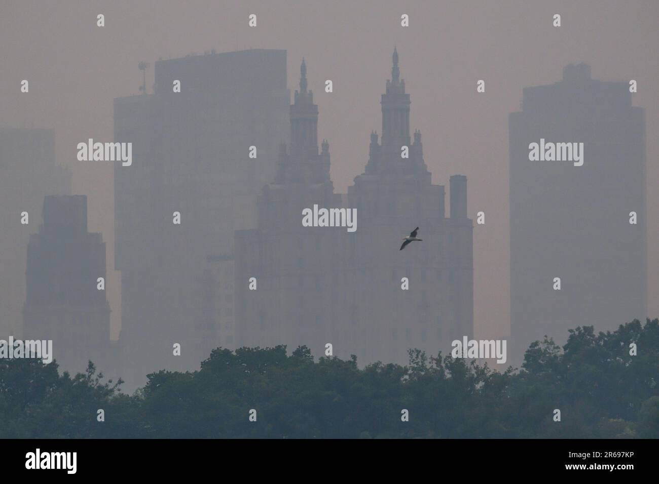New York, États-Unis. 7th juin 2023. Un brouillard dense causé par la fumée des feux de forêt canadiens bloque le soleil et la vue de Manhattan au réservoir de Central Park en milieu d'après-midi. La qualité de l'air dans la ville de New York est à son pire niveau jamais enregistré, ce qui a provoqué une crise d'urgence qui a inclus la fermeture d'écoles et l'annulation de la plupart des activités de plein air. Credit: Enrique Shore/Alay Live News Banque D'Images