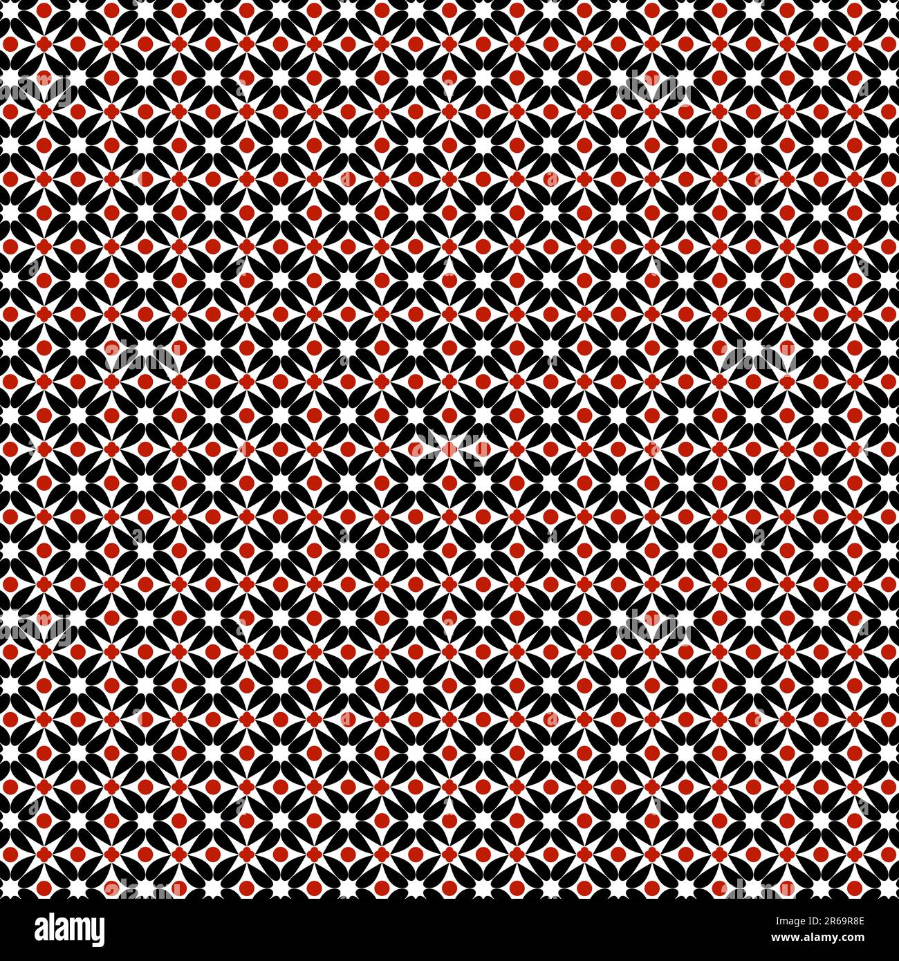 Motif géométrique complexe avec des diamants rouges et des motifs floraux noirs sur fond blanc Banque D'Images