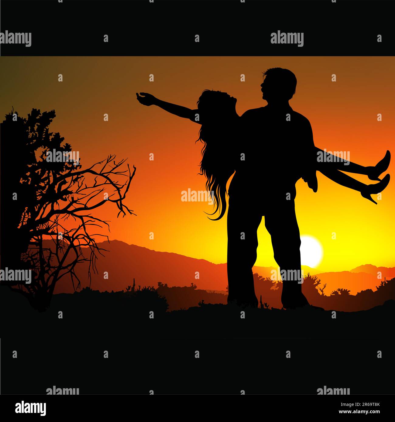 Lovers F - Illustration vectorielle colorée et détaillée. Scène romantique avec deux amoureux et coucher de soleil. Illustration de Vecteur