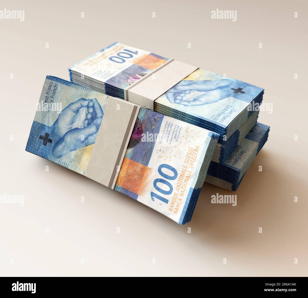 Une pile de billets de banque en francs suisses regroupés sur un arrière-plan lumineux isolé - rendu en 3D Banque D'Images