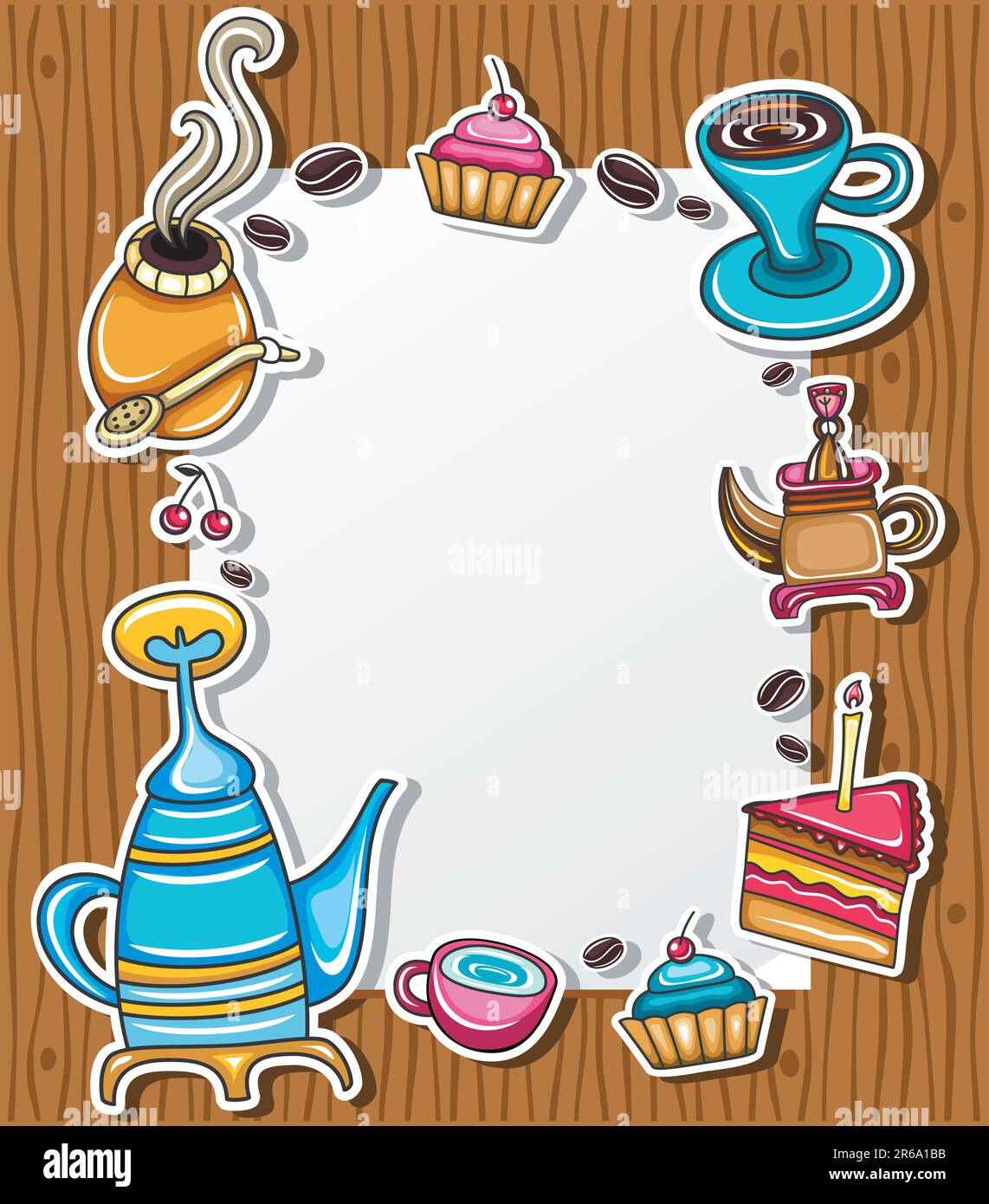 Cadre de grunge mignon avec café, thé, gâteau, symboles yerba mate, isolé sur fond de bois 3. Illustration de Vecteur