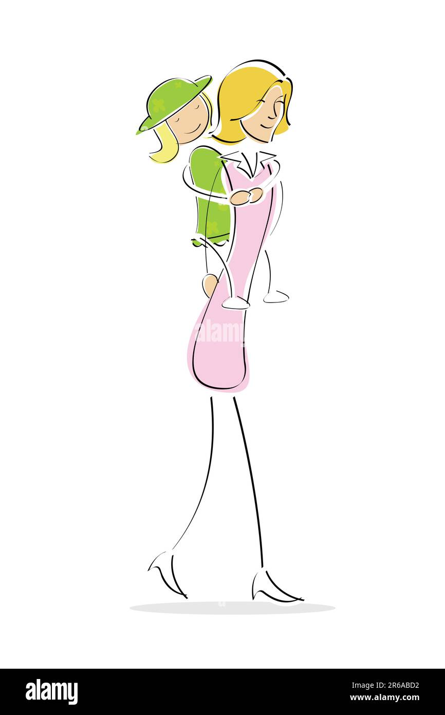 Illustration de la mère de donner sa fille en piggy-back sur un fond isolé Illustration de Vecteur