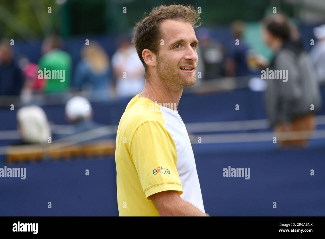 Constant Lestienne (FRA) jouant au premier tour du Trophée Surbiton, Londres, 6th juin 2023. Banque D'Images