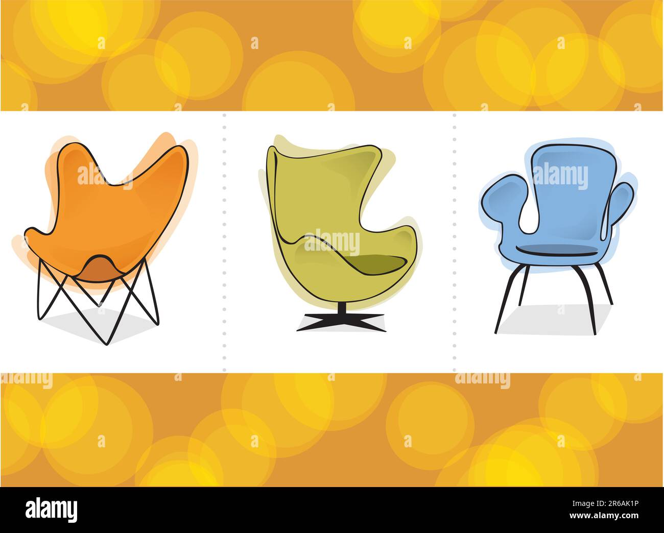 Trois fauteuils stylisés de style rétro et confortables sur un fond orange coloré. Fichier vectoriel superposé facile à modifier--pas de transparents ni de contours ! Illustration de Vecteur