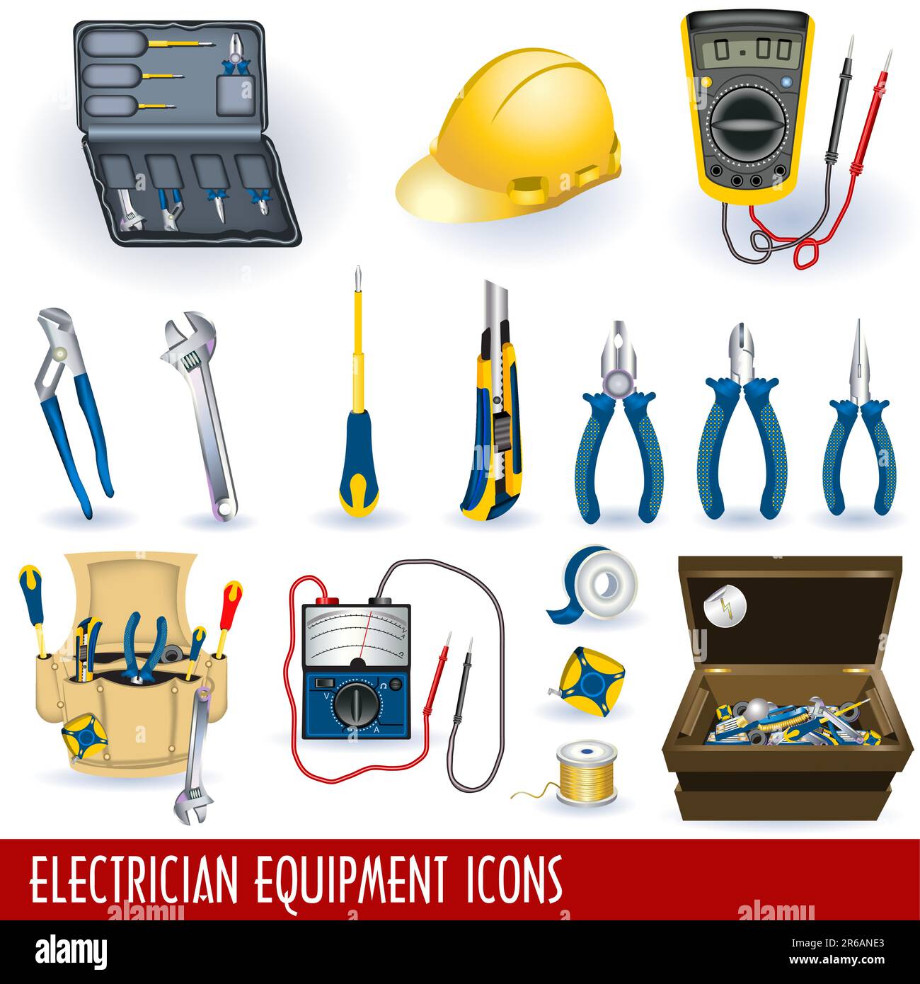 Grande collection de couleurs d'équipements et d'outils d'électricien. Illustration de Vecteur