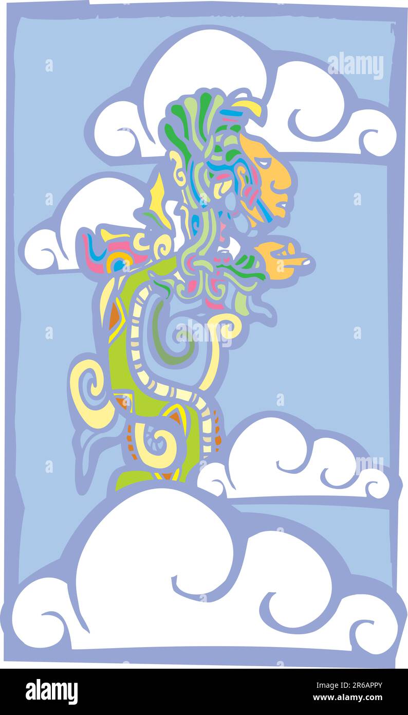 Serpent de vision maya dans le ciel avec des nuages dérivés de l'imagerie de temple maya. Illustration de Vecteur
