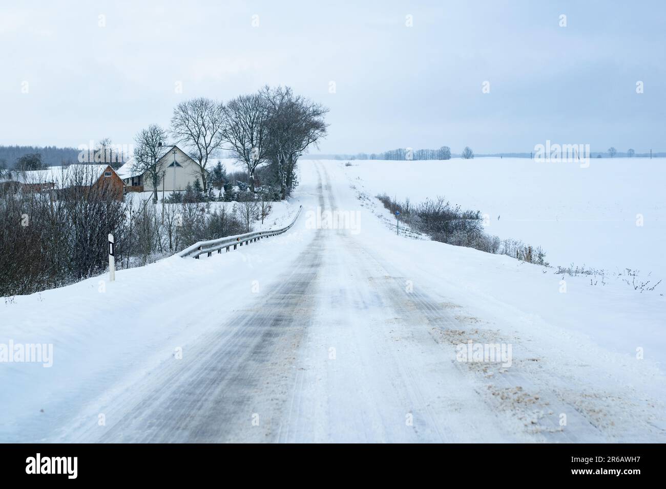 Une scène d'hiver sereine avec une route de campagne bordée d'arbres enneigés et plusieurs maisons confortables nichées en arrière-plan Banque D'Images