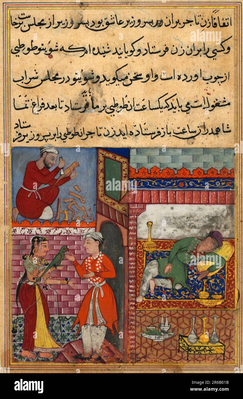 Der Sohn des Wesirs erhält von der Frau des Kaufmanns, die betrunken ist, den magischen Holzpapapagei und lässt sich von einem Schreiner eine Nachbildung, aus einem Tuti-nama, Tales of a Parrot. Tutinama, Geschichten eines Papageis, ist eine Serie von 52 Geschichten in persischer Sprache aus dem 14. Jahrhundert, im 16. Jahrhundert gab Mogul Kaiser Agbar eine illustre Fassung in Auftrag, Zehnte Nacht, UM 1560., Historisch, digital restaurierte Reproduktion von einer Vorlage aus der damaligen Zeit Banque D'Images
