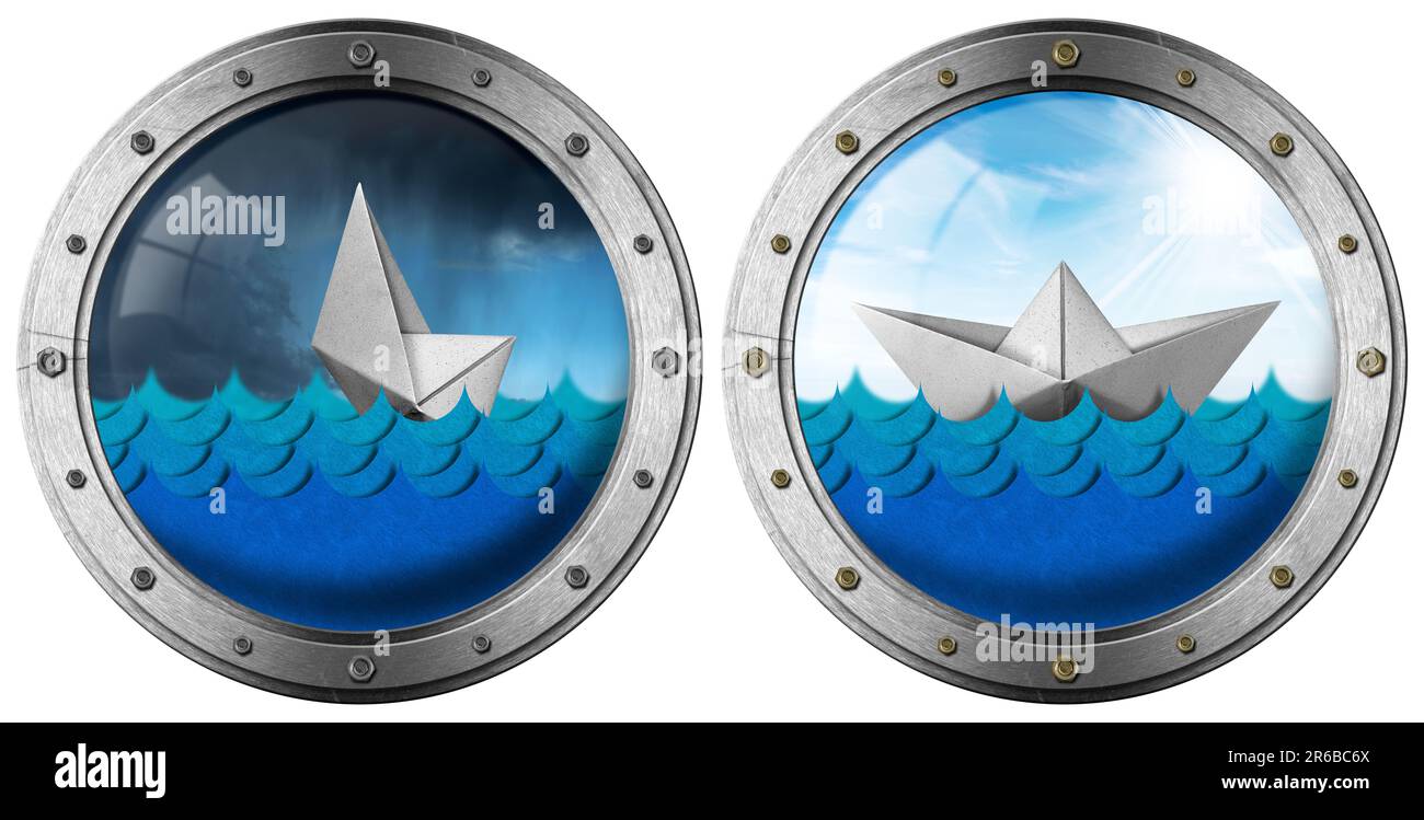 Bateau en papier dans les vagues de la mer avec ciel bleu, nuages et rayons du soleil, et un bateau en papier blanc coulant dans la mer orageuse, vu à travers le hublot. Banque D'Images