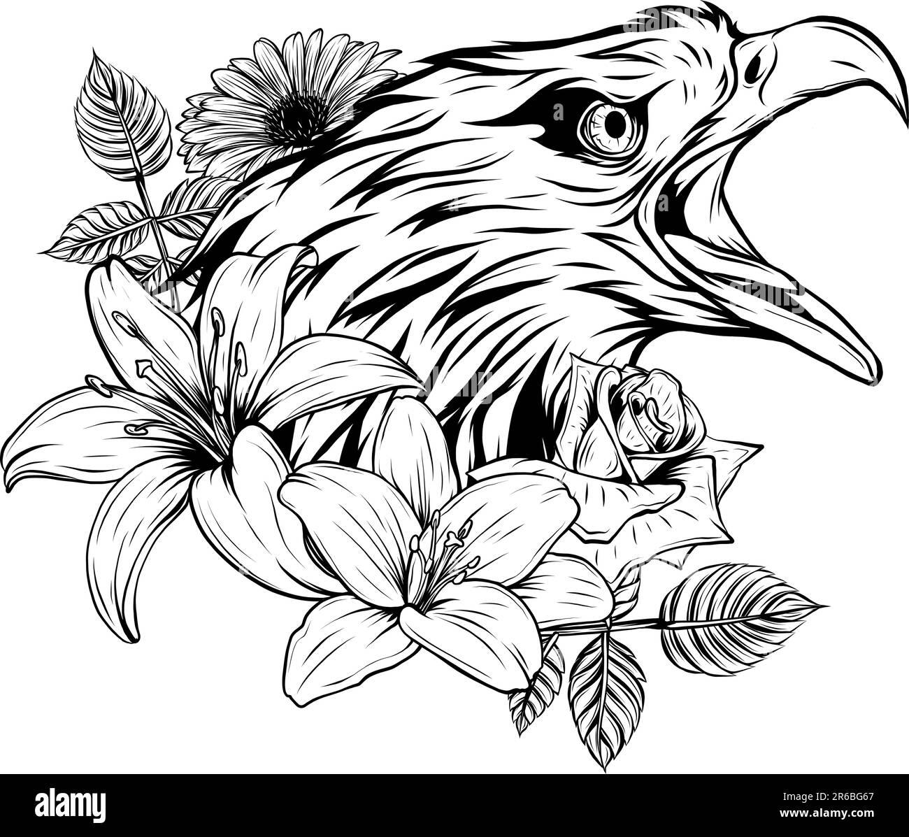 Illustration vectorielle de la tête d'aigle monochrome avec fleur Illustration de Vecteur