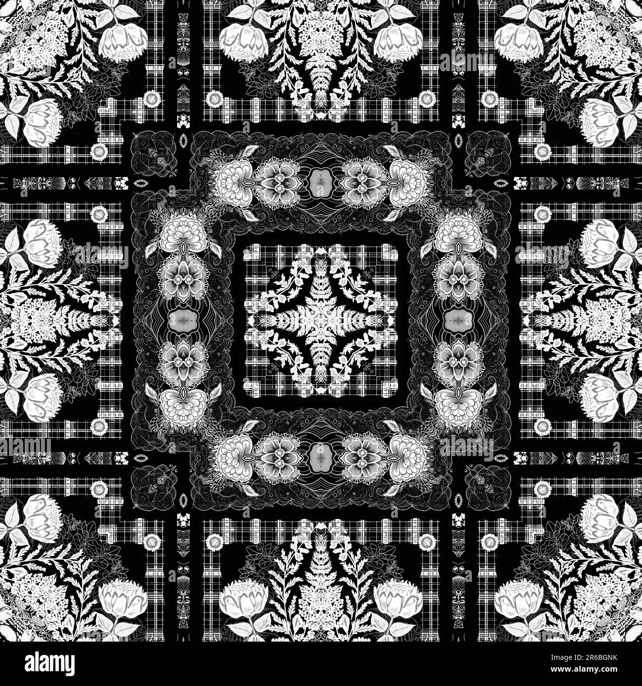 Motif fleuri folk en dentelle noire et blanche complexe avec un style féminin élégant. Imprimé foulard rétro à effet monochrome et motif dentelle. Banque D'Images