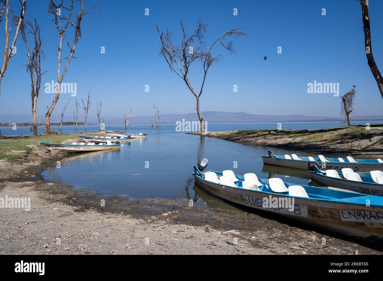 Lac Naivasha, Kenya - 4 mars 2023 : bateau pour un safari à l'île Crescent, dans la baie du lac Banque D'Images
