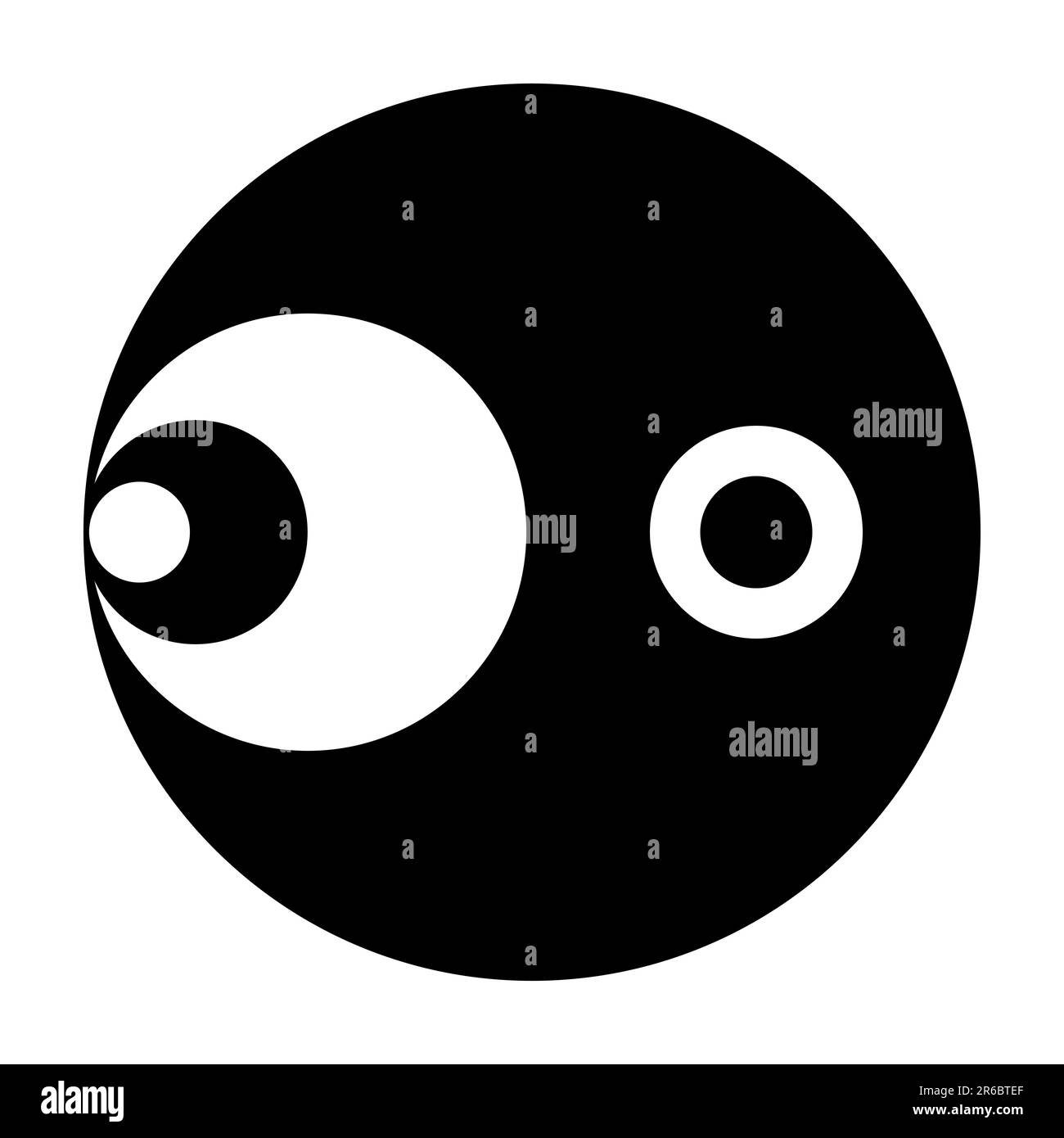 Symbole avec six cercles noirs et blancs, 3 sur le côté gauche, d'un grand cercle noir et 2 centré dans la moitié droite. Modélisé après un cercle de recadrage. Banque D'Images