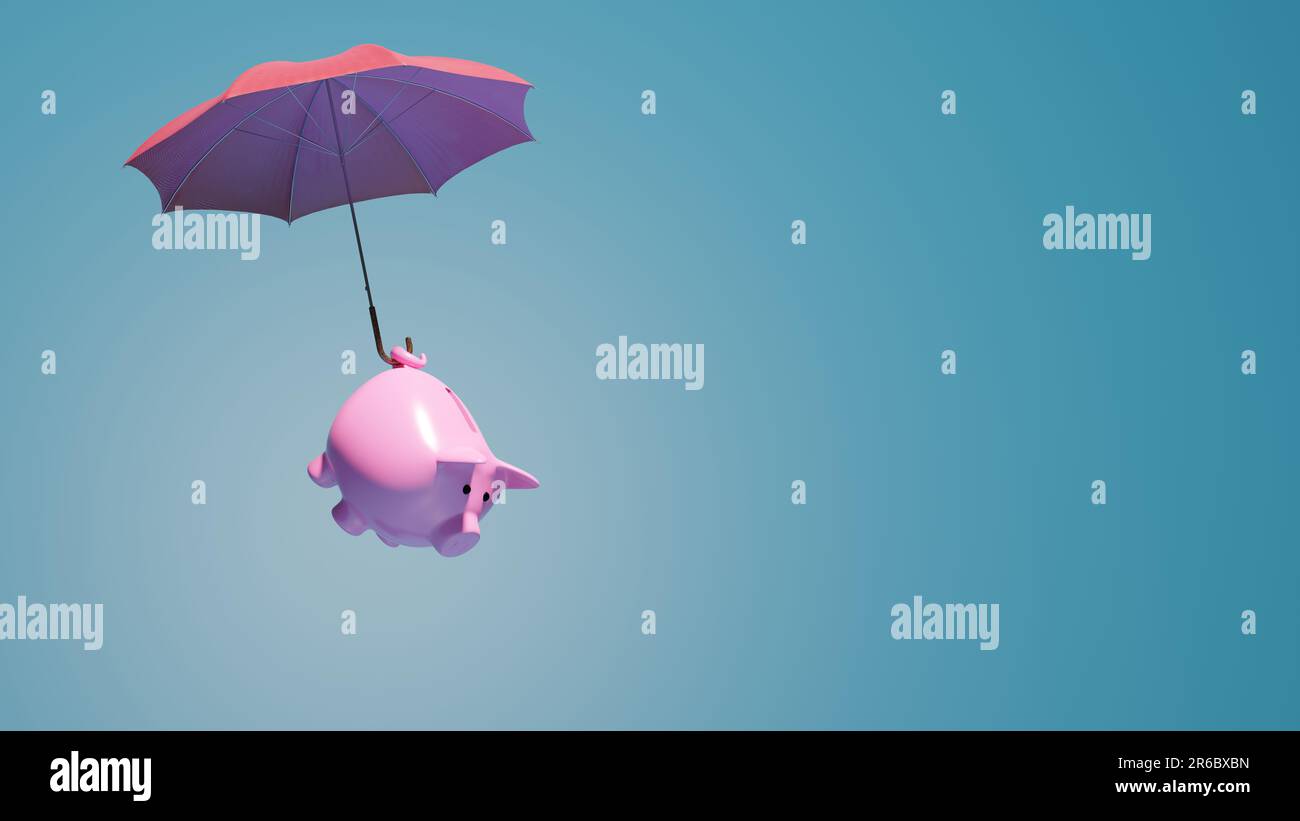Une berge de porc rose parachute à la sécurité sous un parapluie bleu ciel. Banque D'Images