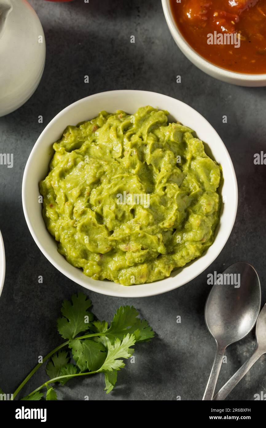 Bio avocats Guacamole trempée à la tomate maison Banque D'Images