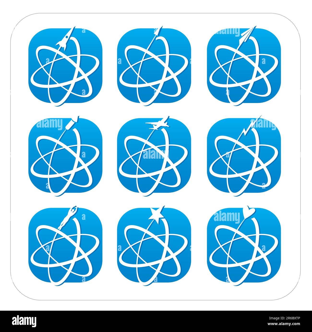 Symboles atomiques avec divers éléments volants. Fichier facile à modifier. Illustration de Vecteur