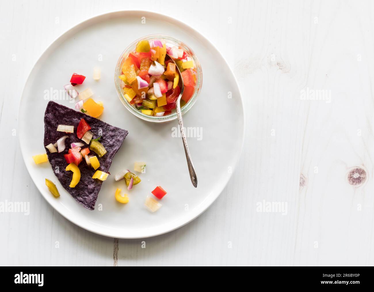 Une croustille de tortilla au maïs bleu croustillant recouverte d'une grosse salsa maison. Banque D'Images