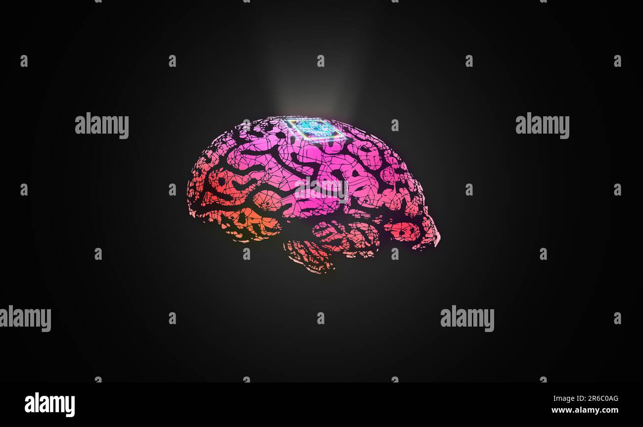 Microchip est implanté dans le cerveau humain. Implants neuraux. Interface cerveau-ordinateur. Concept de technologie neurone - illustration Banque D'Images