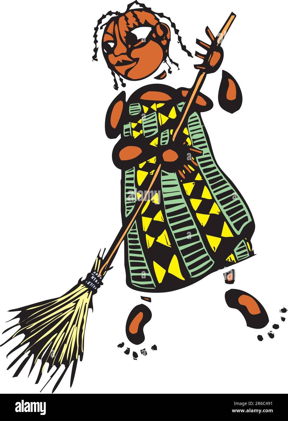 Fille dans une robe africaine à motifs avec balai Illustration de Vecteur