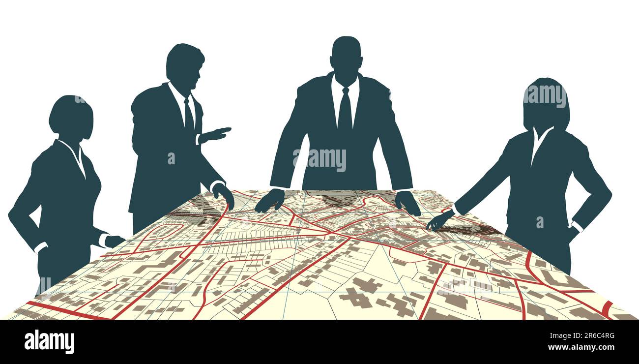 Carte vectorielle modifiable de personnes séance autour d'un plan de la ville générique Illustration de Vecteur