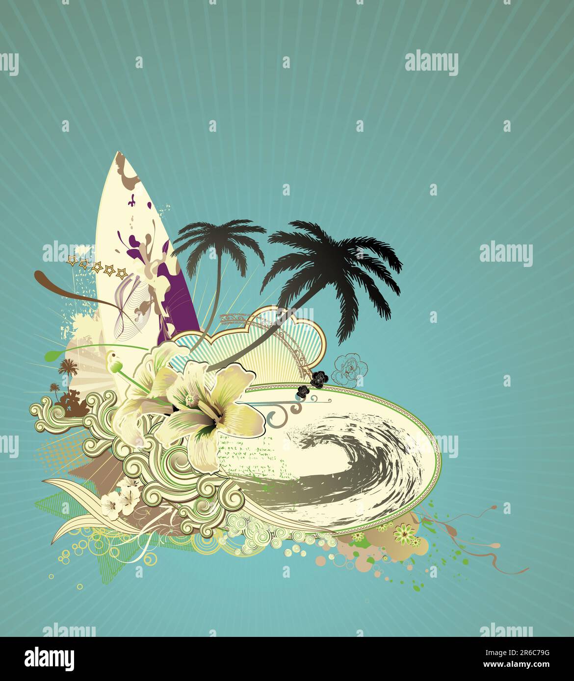 Illustration vectorielle de la composition de grunge avec planche de surf sur des poutres de soleil, grande vague, hibiscus, silhouette de palmiers et rayures rétro curly Illustration de Vecteur