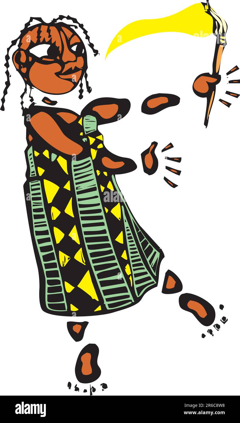 Une fille présente une robe africaine à motifs et un pinceau. Illustration de Vecteur