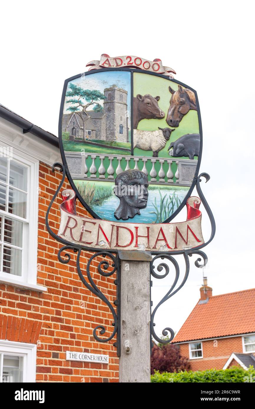 Rendham Village Sign, Bruisyard Road, Rendham, Suffolk, Angleterre, Royaume-Uni Banque D'Images