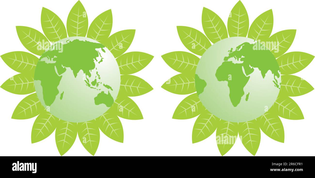 Une terre verte entourée de feuilles vertes avec carte de l'Asie et de l'Afrique, peut être utilisée comme icône. Illustration de Vecteur