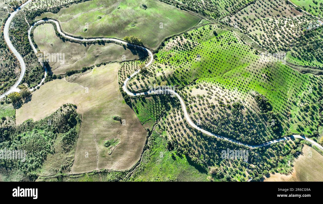 Cette photo aérienne capture une vue panoramique d'un paysage rural, avec des terres agricoles luxuriantes et une route sinueuse qui serpente dans la région Banque D'Images
