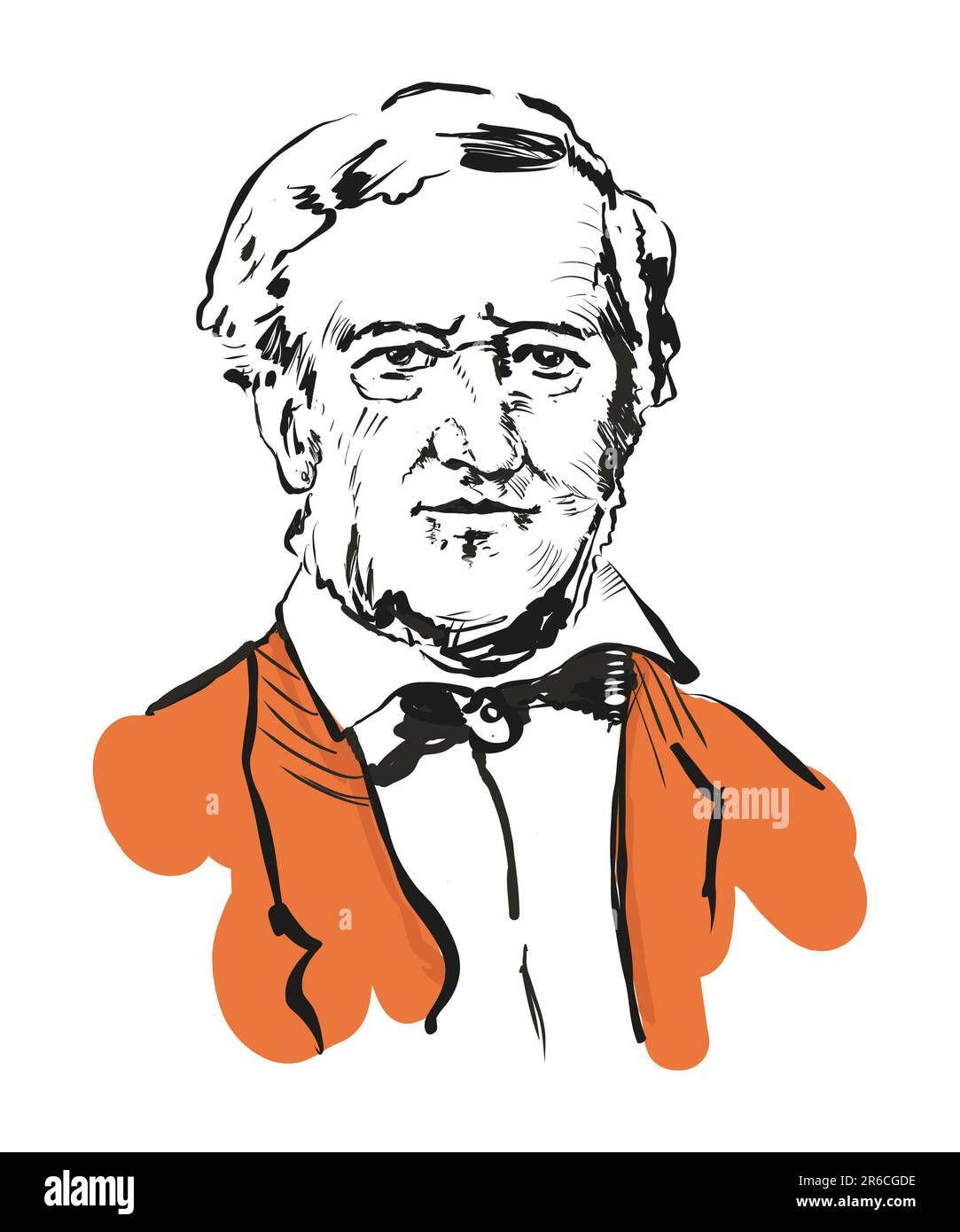 Image portrait de Richard Wagner, illustration vectorielle, dessin à la main noir et blanc isolé sur fond blanc Banque D'Images