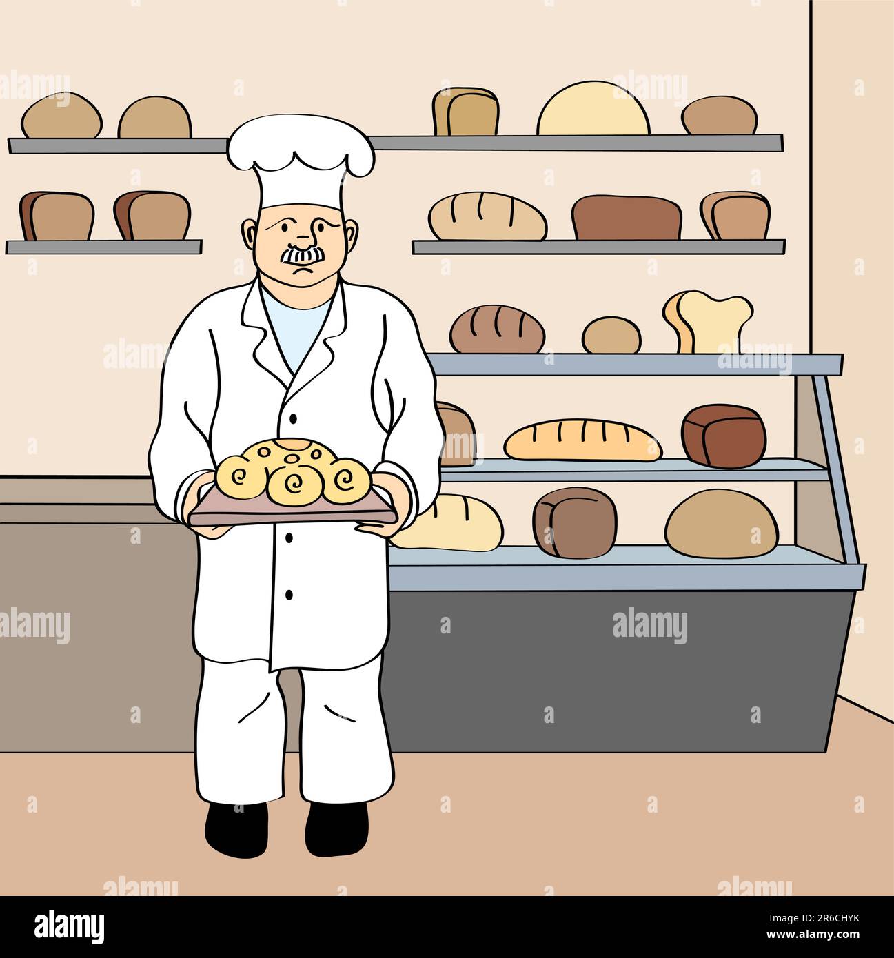 Baker avec du pain rond frais dans sa propre boulangerie Illustration de Vecteur