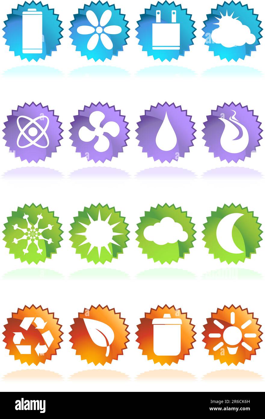 Un jeu de 16 boutons ronds et brillants écologiques en toile - style étiquette. Illustration de Vecteur