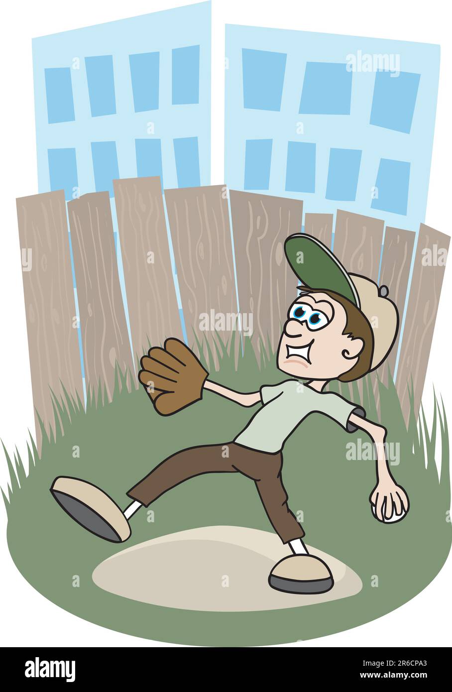 Illustration d'un garçon jouant au baseball dans un terrain de baseball du centre-ville. Illustration de Vecteur