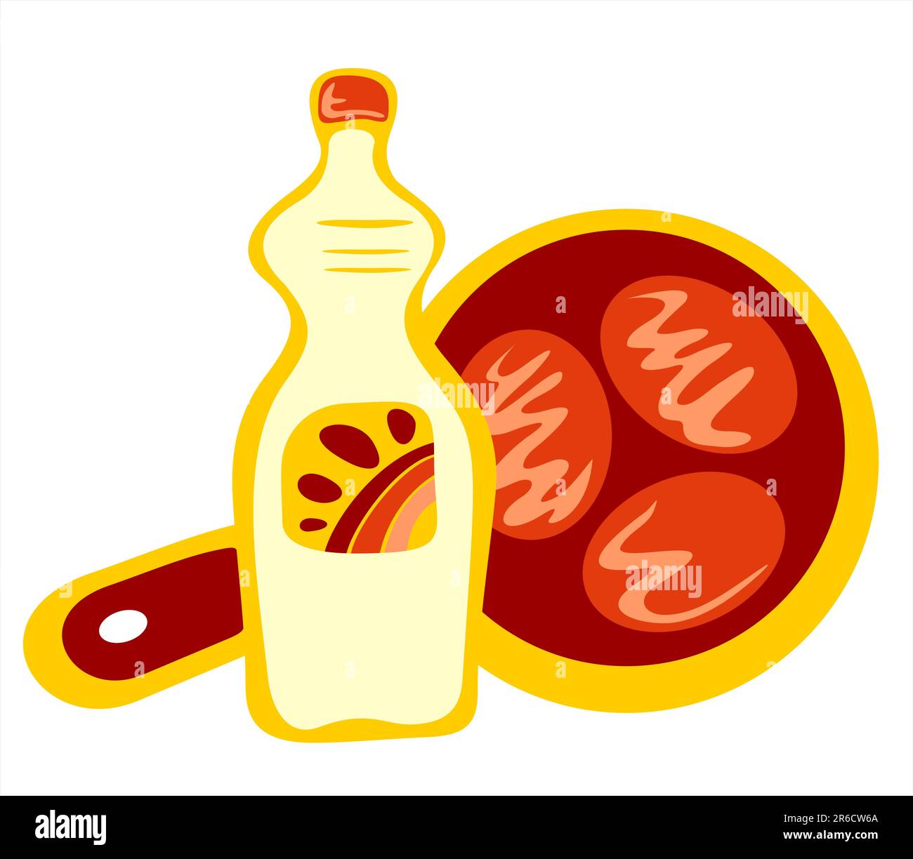 Bouteille d'huile végétale et poêle à frire avec des côtelettes isolées sur fond blanc. Illustration de Vecteur