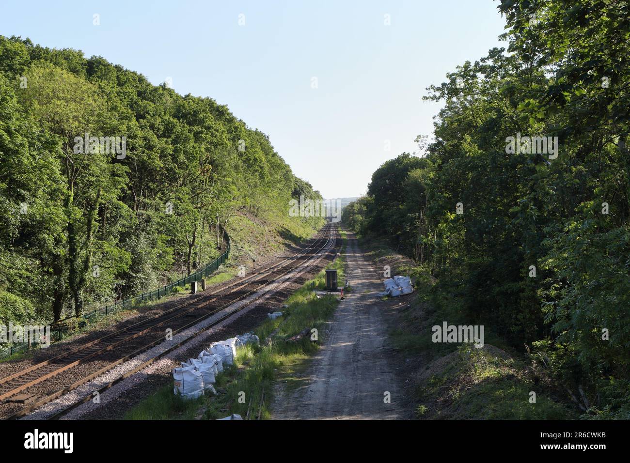 Dégagement de la végétation des arbres de la voie ferrée, coupé à l'arrière du côté alone de la ligne de chemin de fer à Millhouses Sheffield, Angleterre, Royaume-Uni. Renouvellement du lest sur la piste Banque D'Images