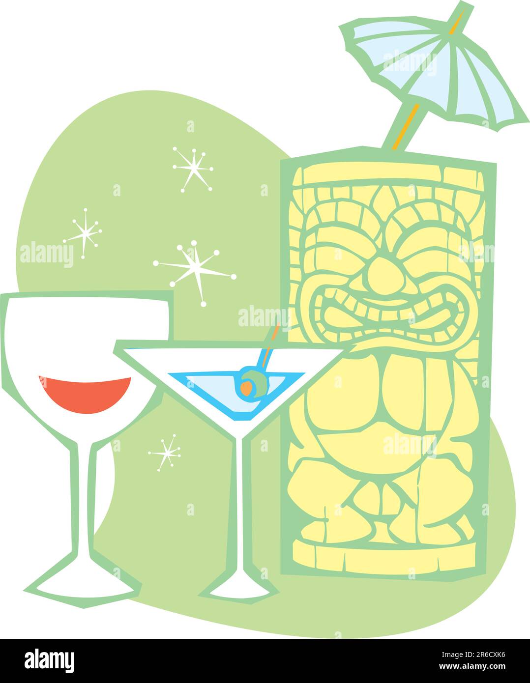 Tiki de style rétro, martini sec et verre de vin Illustration de Vecteur