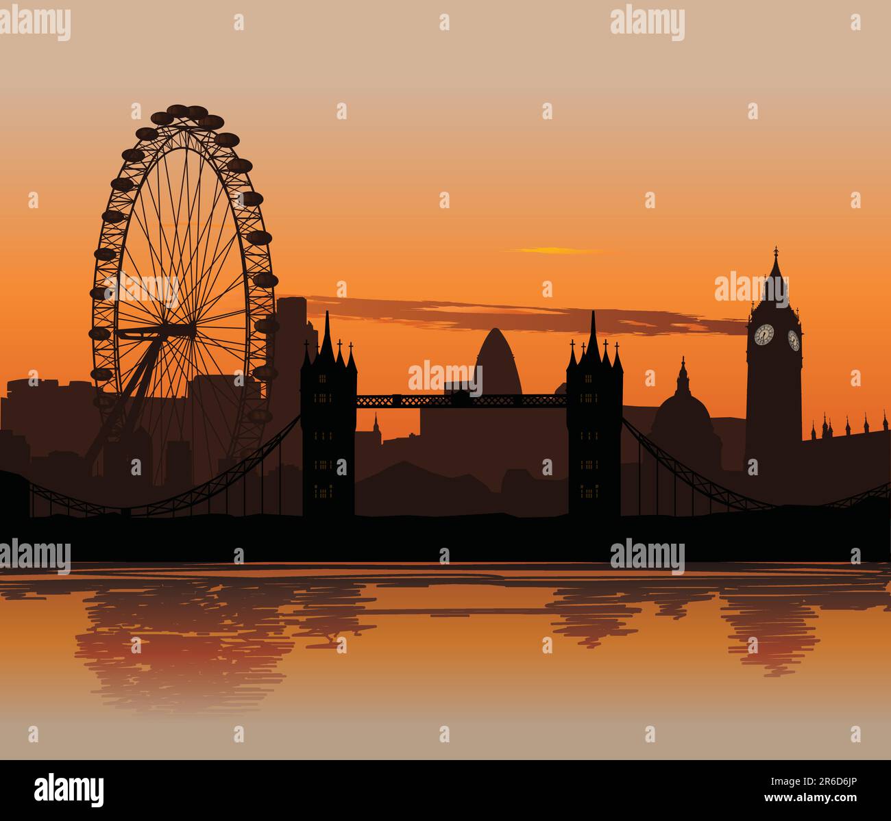 Vector illustration of London Skyline at sunset avec réflexion sur la Tamise Illustration de Vecteur