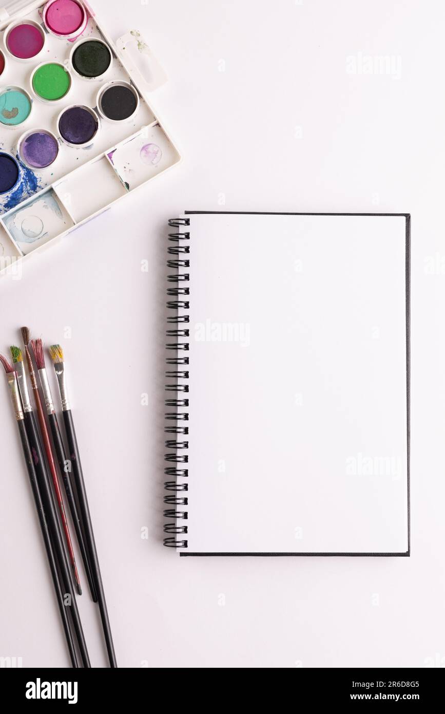 Gros plan de peintures, carnets et pinceaux avec espace de copie sur fond blanc. Retour à l'école, art, peinture, matériel scolaire, apprentissage, école et ed Banque D'Images