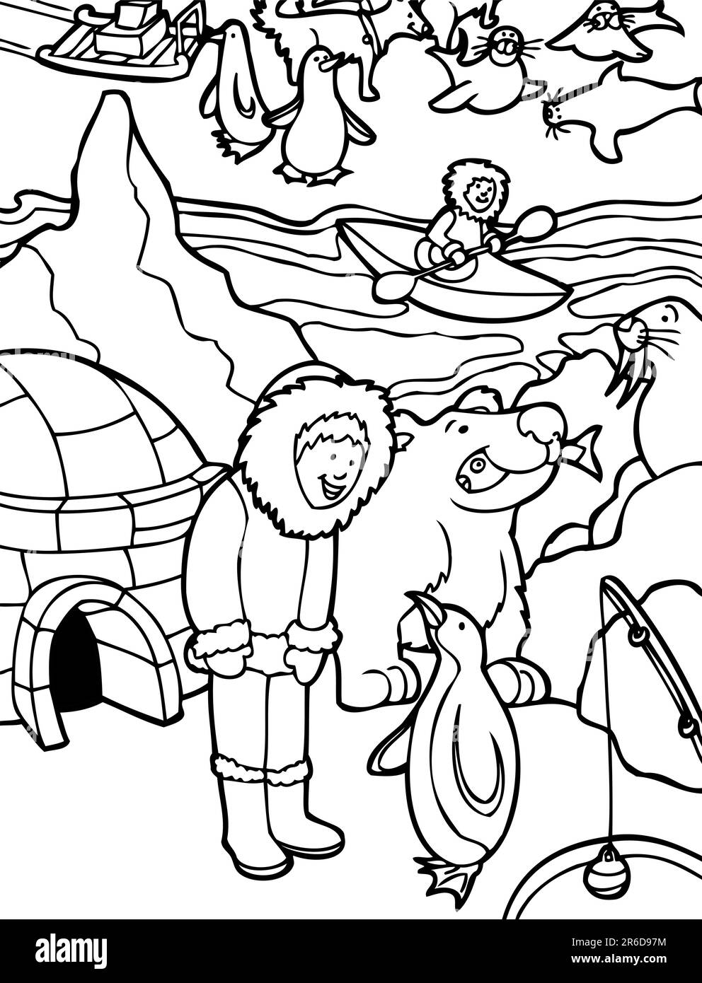 L'enfant vit près d'un igloo et de poissons dans le froid arctique avec l'ours polaire, le lion de mer, les pingouins et les chiens de traîneau - noirs et blancs. Illustration de Vecteur L'enfant vit près d'un igloo et de poissons dans le froid arctique avec l'ours polaire, le lion de mer, les pingouins et les chiens de traîneau - noirs et blancs. Illustration de Vecteur