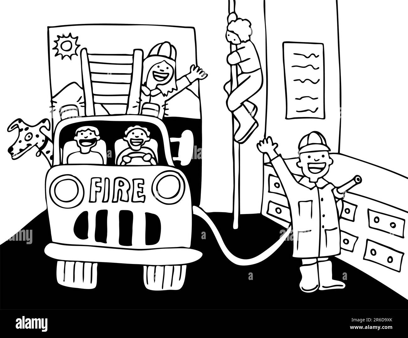 Les pompiers traînent à leur foyer - version noir et blanc. Illustration de Vecteur