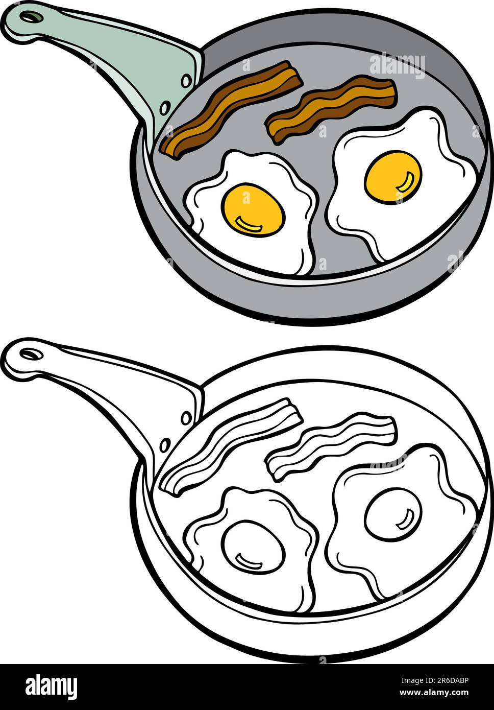 Cartoon image d'une variété de bacon et d'œufs dans une poêle - couleur et noir / blanc versions. Illustration de Vecteur