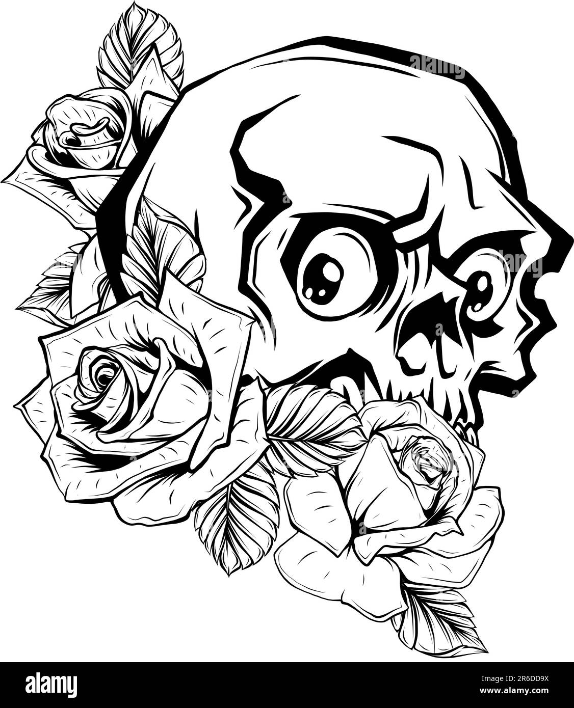 Prototype de tatouage de crâne humain Vintage monochrome avec illustration vectorielle isolée de fleurs roses Illustration de Vecteur